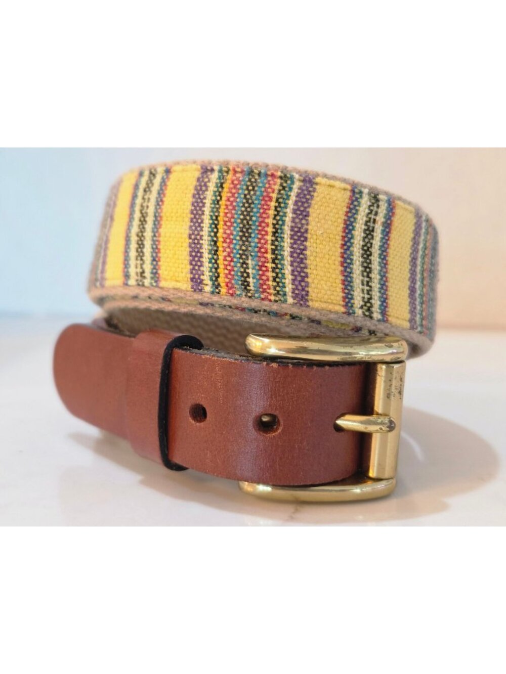 Leather Man Belt Sz 32 Handmade Top Grain Leather Striped Woven Brass Buckle EUC